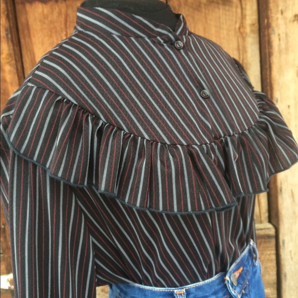Vintage Tops - Vintage Striped, Ruffled Long Sleeved Blouse (M)